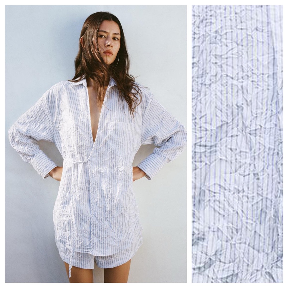 NWOT. Zara Blue/White Oversized Crushed Striped Shirt". Size S.
